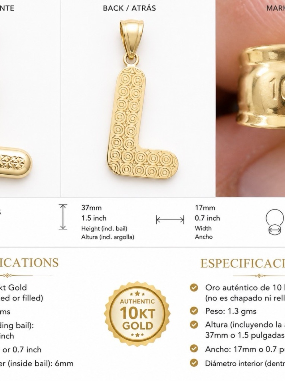 Gold Letter L Pendant Charm - 10KT